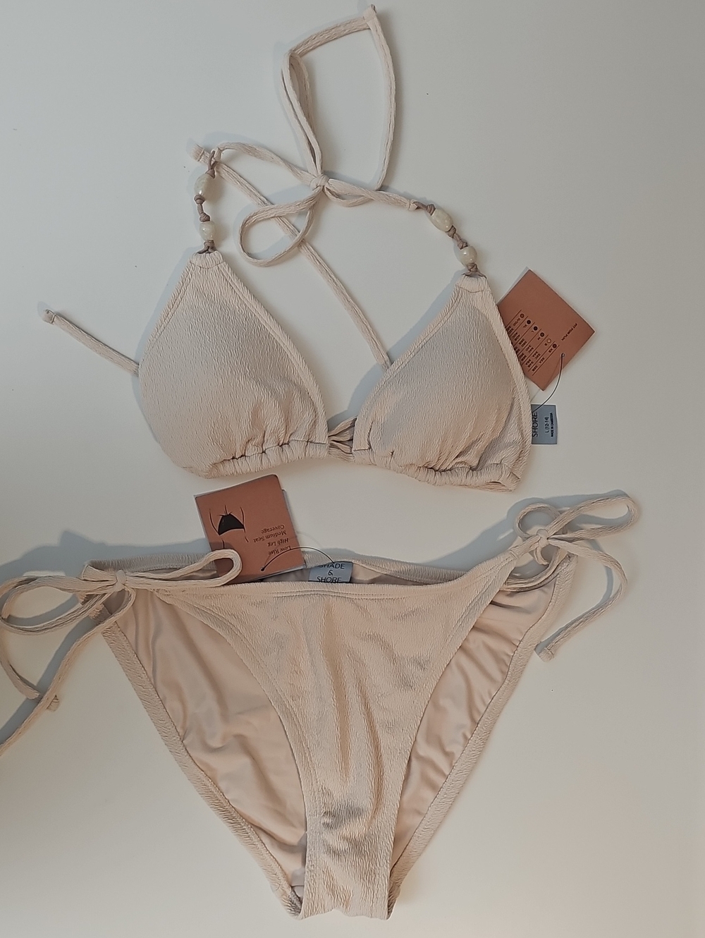 Shade & Shore Women's L Cream / Off-White Crepe Beaded Triangle Bikini Set